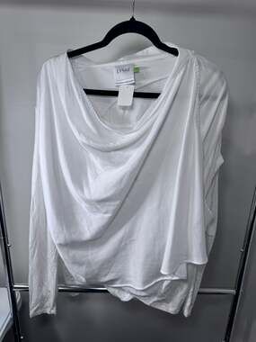 LYSSÉ White Draped Cowl Neck Long Sleeve Top Size L